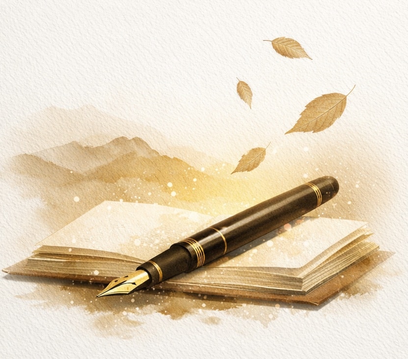 Illustration d'une plume posée sur un livre ouvert, feuilles d'automne et montagnes dorées